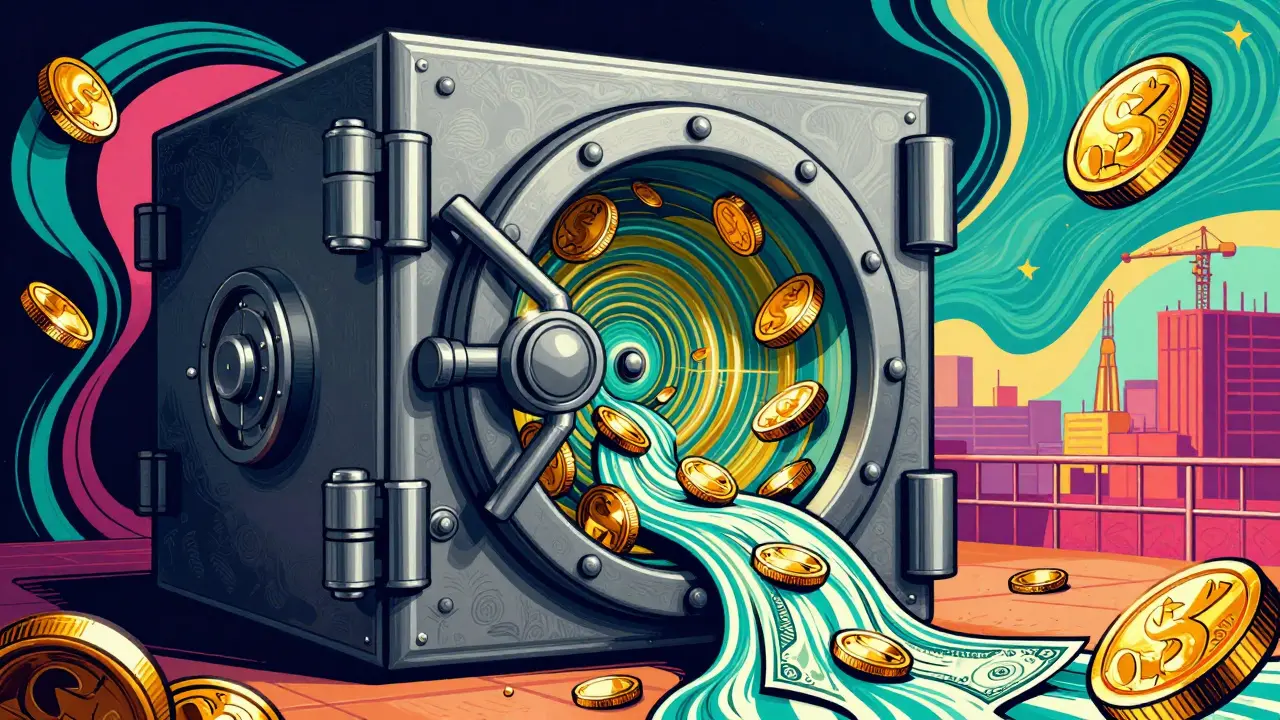 Психоделическая иллюстрация эскроу-счета в виде яркого защитного сейфа