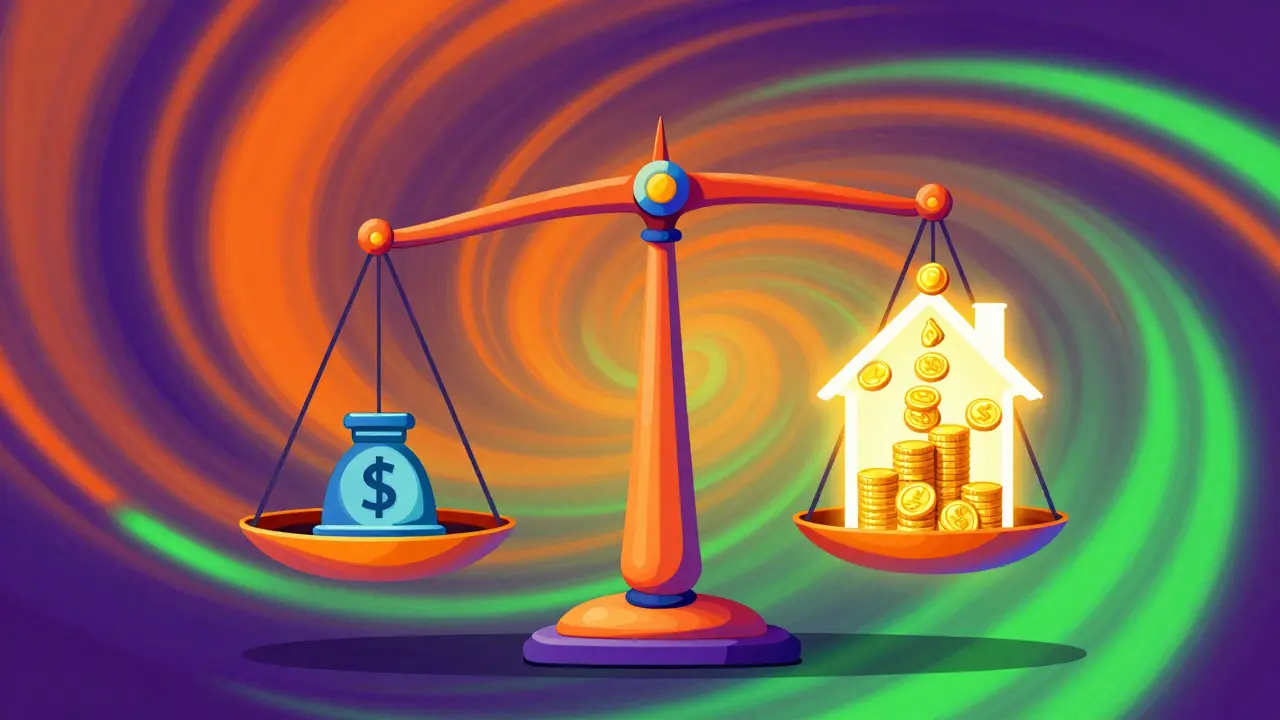 Психоделическая иллюстрация стратегии гибридного погашения ипотеки с золотыми монетами