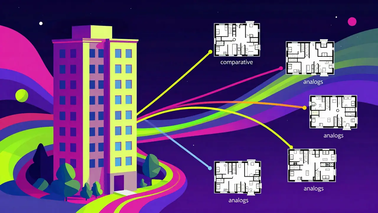 Психоделическое изображение процесса сравнения квартиры с аналогичными объектами недвижимости.