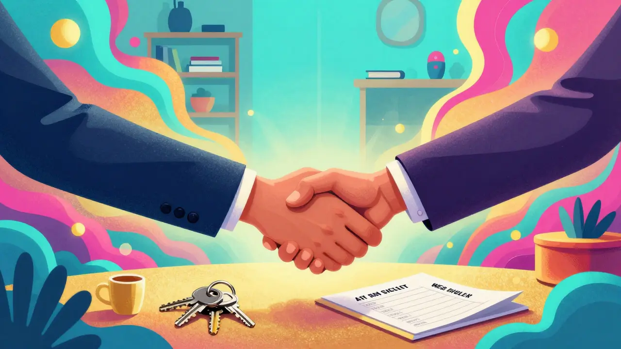 Рукопожатие арендодателя и арендатора при передаче ключей от квартиры