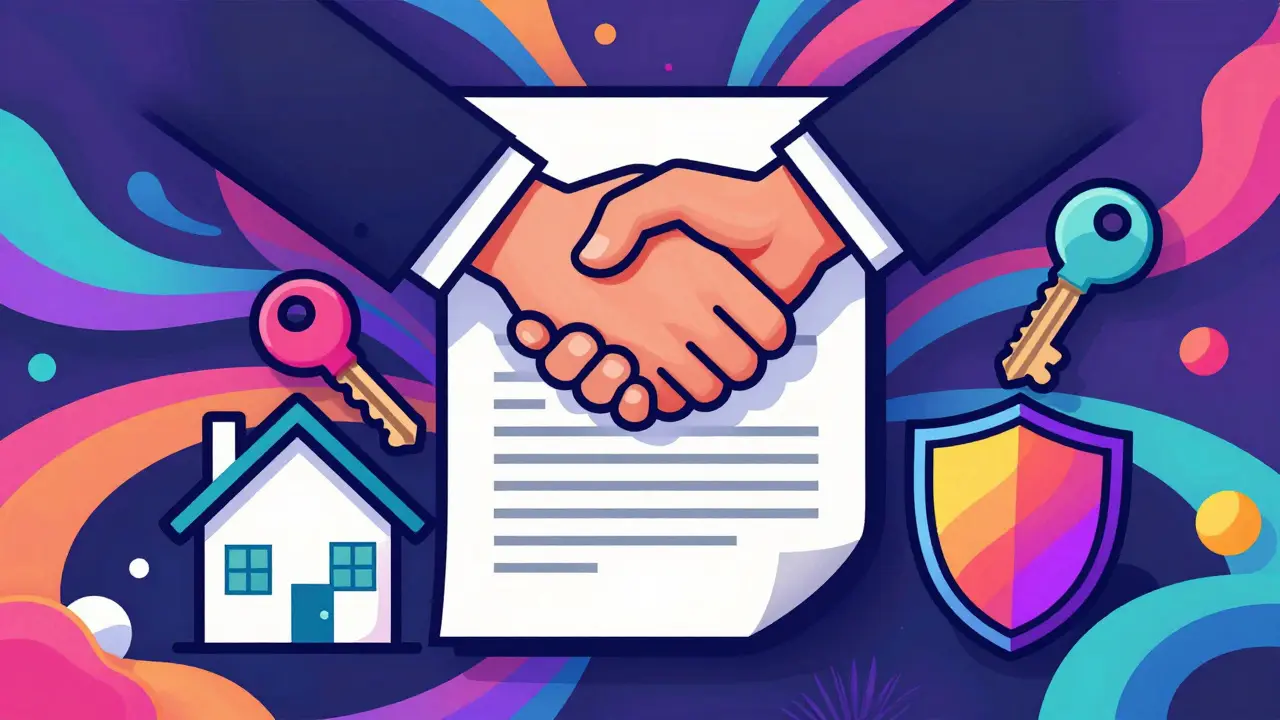 Символическое изображение подписания акта приема-передачи и рукопожатие сторон.