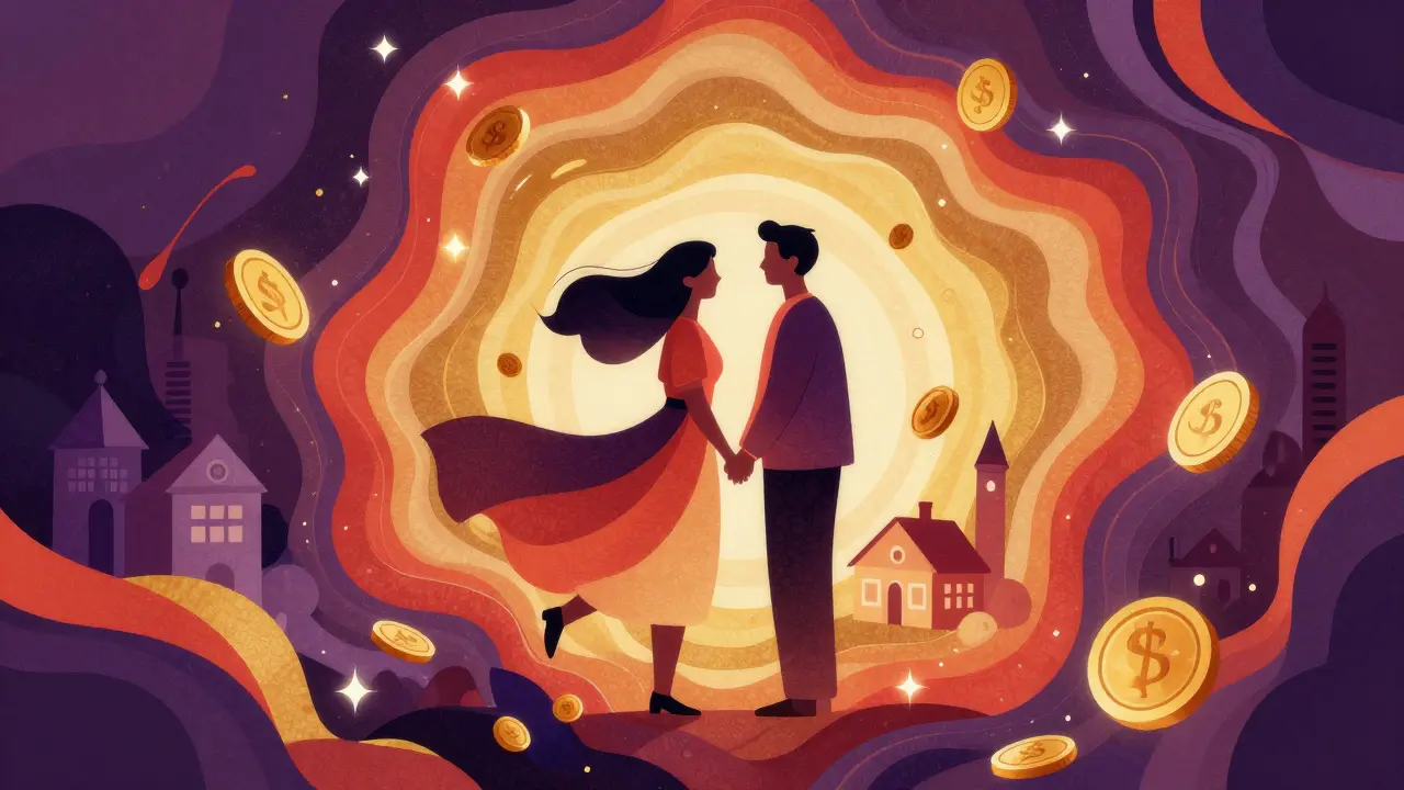 Стилизованная пара в окружении символов монет и архитектурных элементов