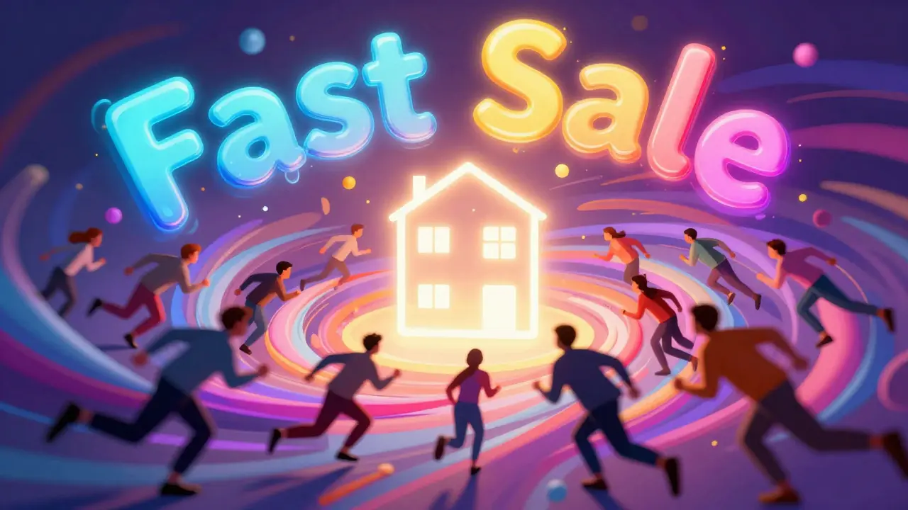 Стилизованная толпа покупателей, спешащих к выгодному предложению по продаже квартиры