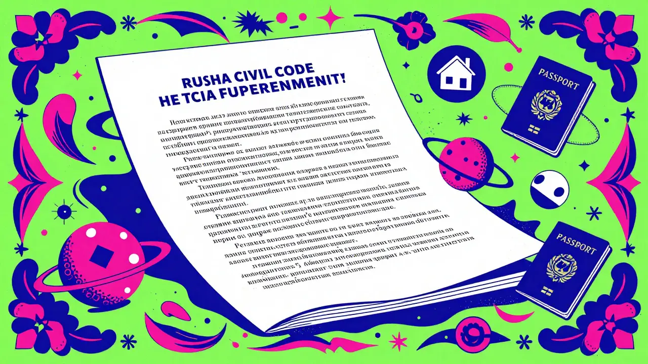 Стилизованное изображение договора найма с паспортами и символами недвижимости