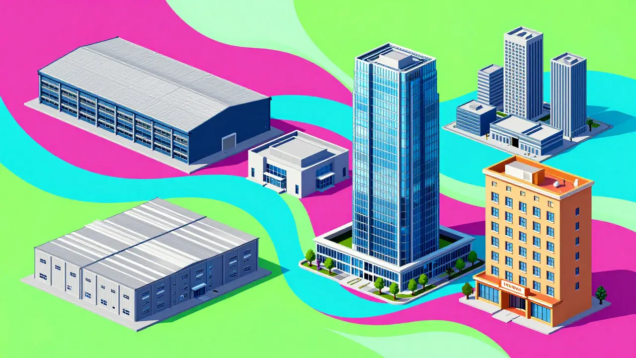 Стилизованное изображение склада, офиса и отеля в стиле Уэса Уилсона