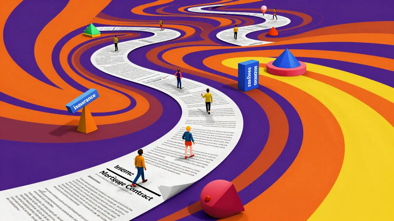 Стилизованный ипотечный договор в виде разноцветной реки с препятствиями из комиссий