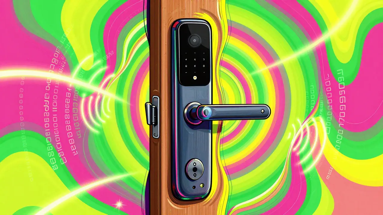 Стилизованный смарт-замок с яркими неоновыми волнами и цифровыми кодами в стиле 60-х.