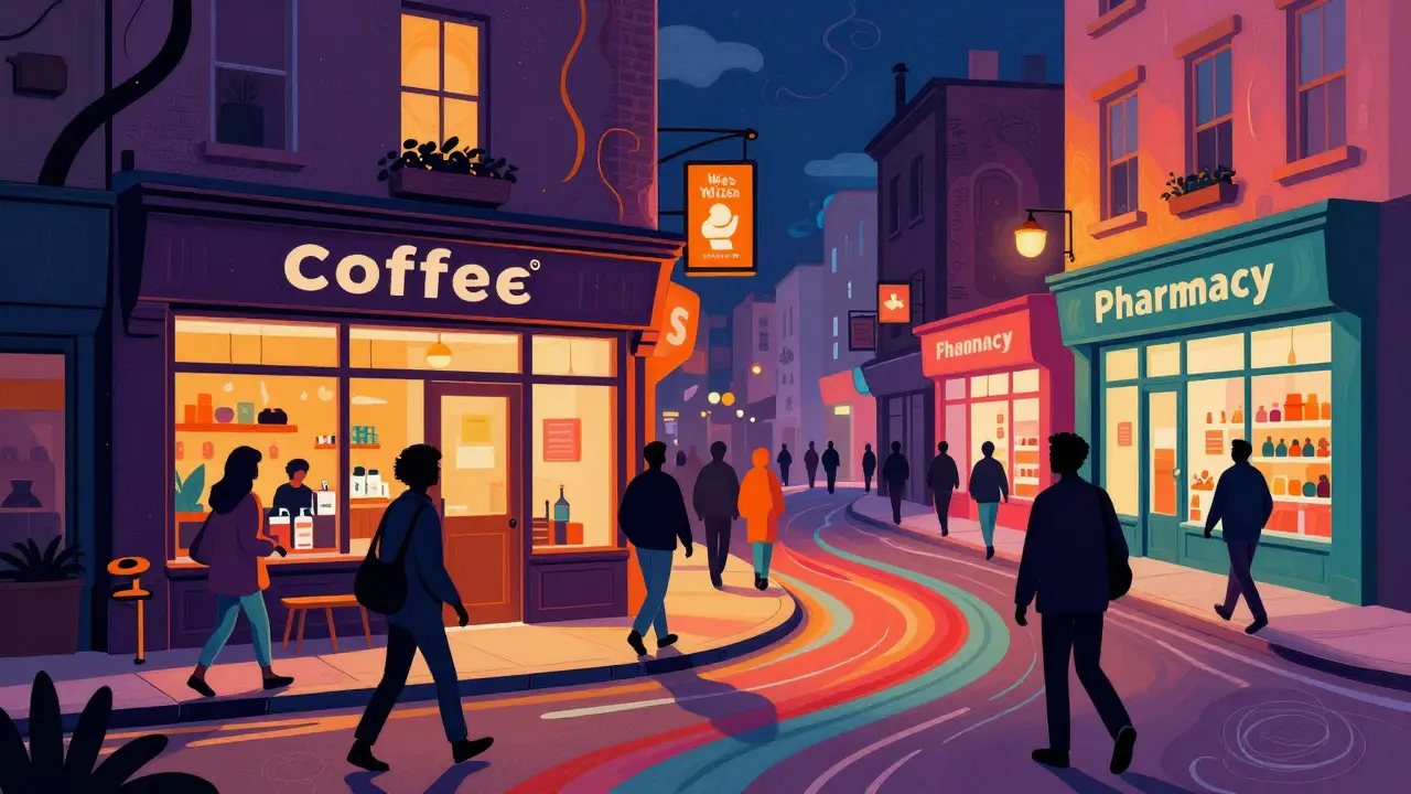 Уютный стрит-ритейл с кофейней и аптекой в текучем художественном стиле