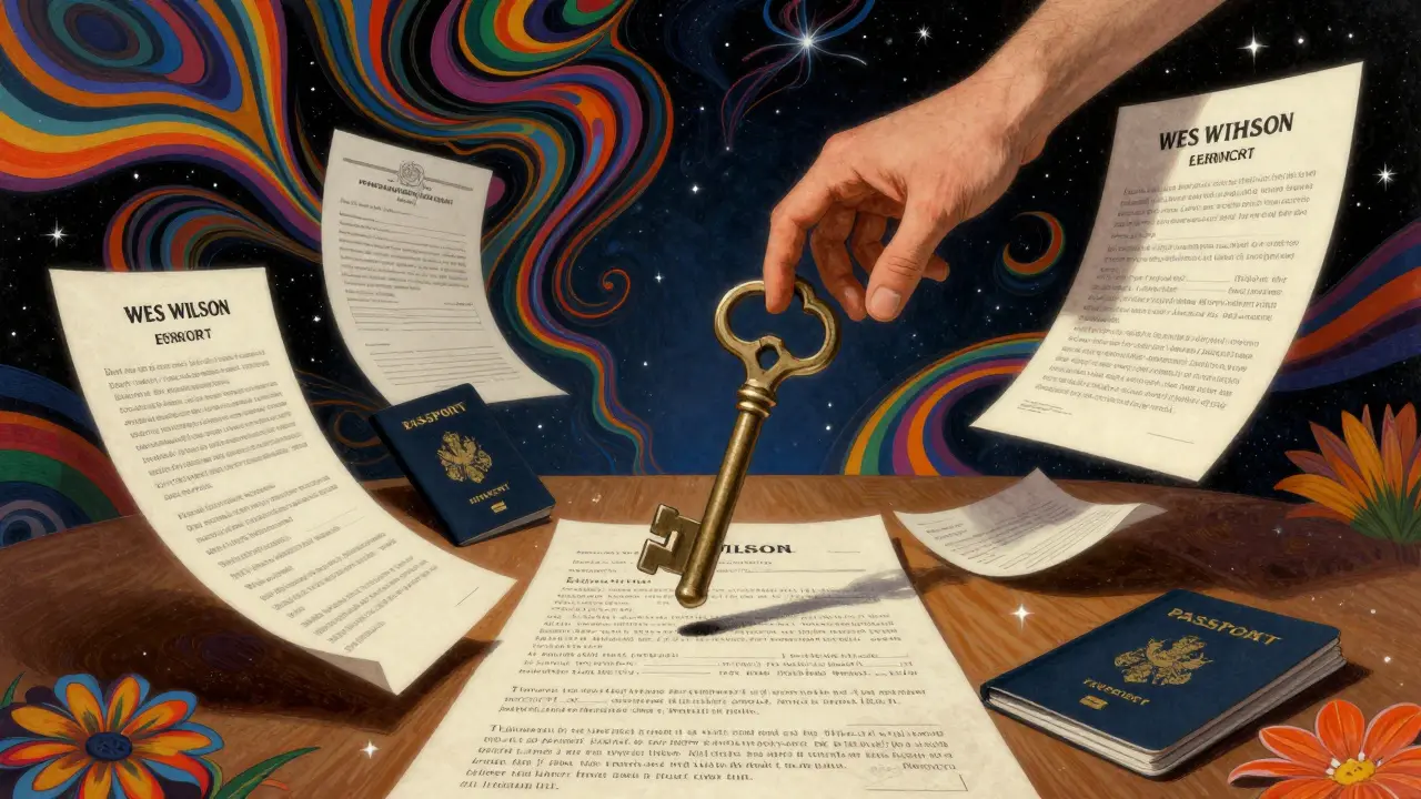 Психоделическая иллюстрация ключа и юридических бумаг для сделки