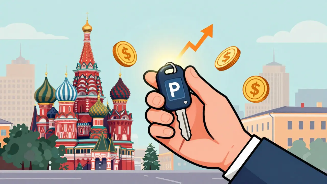 Иллюстрация в стиле Уэса Уилсона: рука с ключом от парковки и символы дохода на фоне города